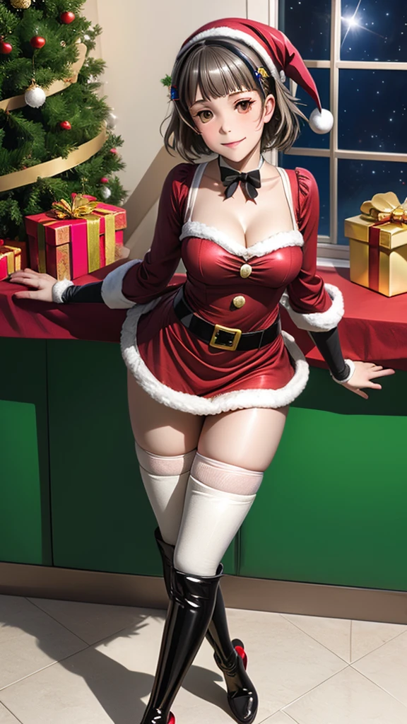 (((solo))), 1 woman, Sakuya Kurobane, sakuyaunif, kurobane_sakuya, (brown eyes), short hair, grey hair, black hairband, blue hair flower, red eyeliner, chest, blush, smile, ((clear shiny skin)), perfect body, flash a little cleavage, ((beautiful slim long legs)), santa cap, bell choker,santa sleeves, santa costume, (((black thigh-high knee socks))), ((santa boots)), christmas tree, present box, christmas, room