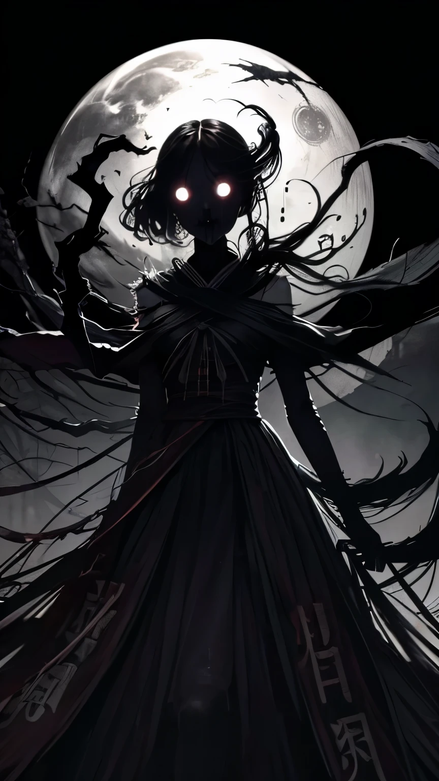 1 girl , demon face, scary costume , Chinese Ghost Festival，nakahara universe，Ghostly Breath，Chiaroscuro in the city at night，Detailed texture of spooky tree branches，A transparent ghost floats in the smoke，Lanterns hanging from a tree，There are flowers blooming there, shade lighting，Background blur，Depth of written boundary，Soft Light,Beautiful lighting, Dim Light，A peaceful yet terrifying atmosphere，Mysterious and dark，detailed lighting effects，soft color change，Strange place，It was foggy， Space-time discrepancy，Reincarnation Flip。 Turning things upside down，The sun and moon have no light， Confusion and absurdity，The nightmares continue。 Mysterious and unreal，phantom， Gothic Shadow，Obscured from all sides。 cyber punk， Dark Forest，A different space， There are countless hidden secrets，Forgotten souls wandering in the night、fear
