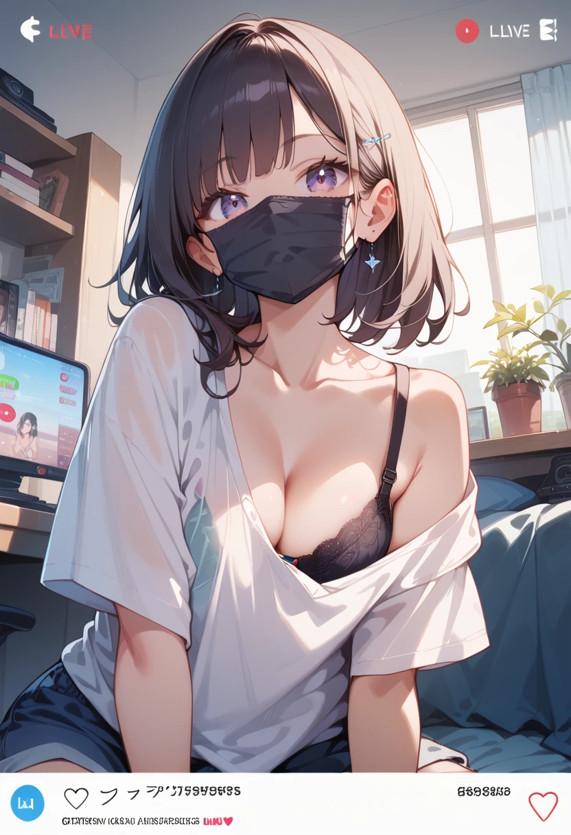 (masterpiece, best quality, ultra detailed, high resolution, detailed facial description), (1 female:1.3), (loose shirt, bra strap), (black mouth mask), down blouse, looking at viewer, (fake phone screenshot), (livestream), my room