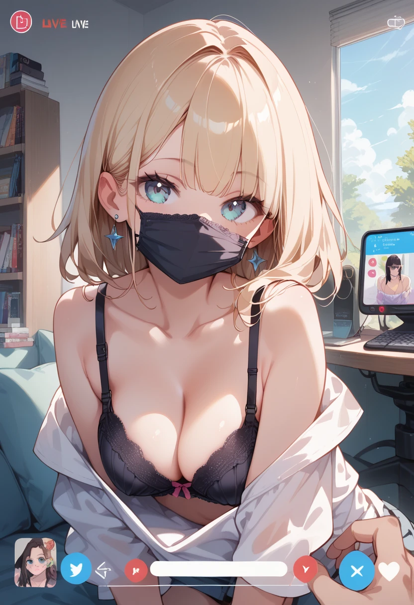 (masterpiece, best quality, ultra detailed, high resolution, detailed facial description), (1 female:1.3), (loose shirt, bra strap), (black mouth mask), down blouse, looking at viewer, (fake phone screenshot), (livestream), my room