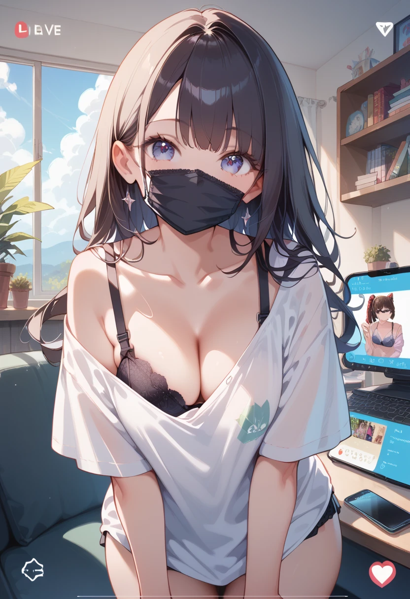 (masterpiece, best quality, ultra detailed, high resolution, detailed facial description), (1 female:1.3), (loose shirt, bra strap), (black mouth mask), down blouse, looking at viewer, (fake phone screenshot), (livestream), my room