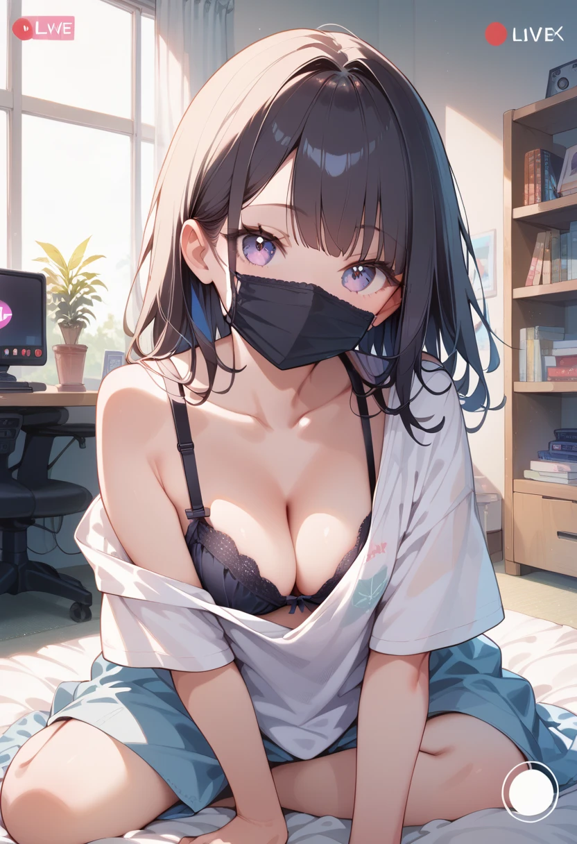 (masterpiece, best quality, ultra detailed, high resolution, detailed facial description), (1 female:1.3), (loose shirt, bra strap), (black mouth mask), down blouse, looking at viewer, (fake phone screenshot), (livestream), my room