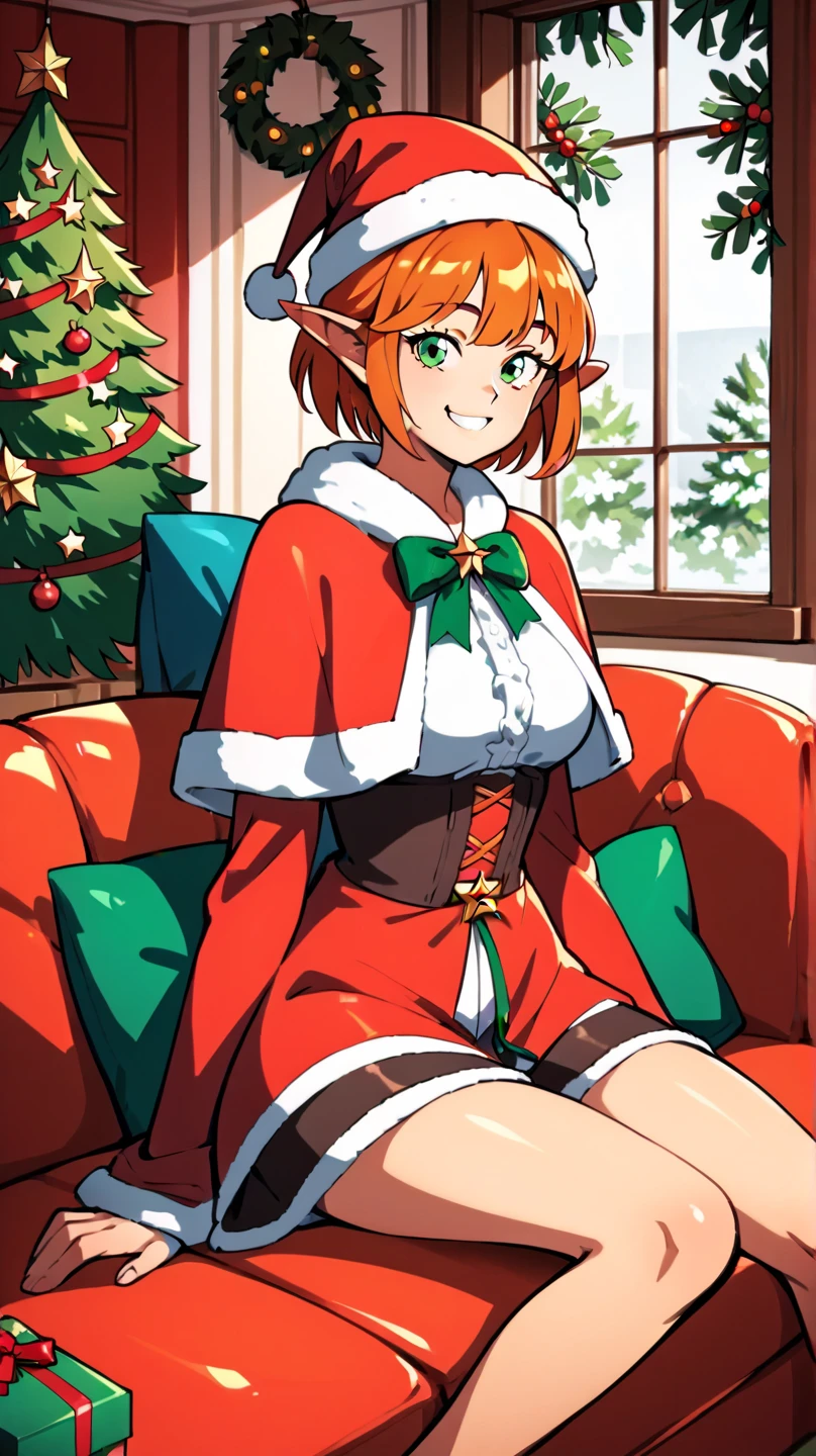 masterpiece, Ixchel,1girl,solo,short hair,orange hair,pointy ears,green eyes, xmas, victorian indoors, xmas tree, pile of xmas gifts around, snow in window, sitting in a red couch, light smile, santa hat