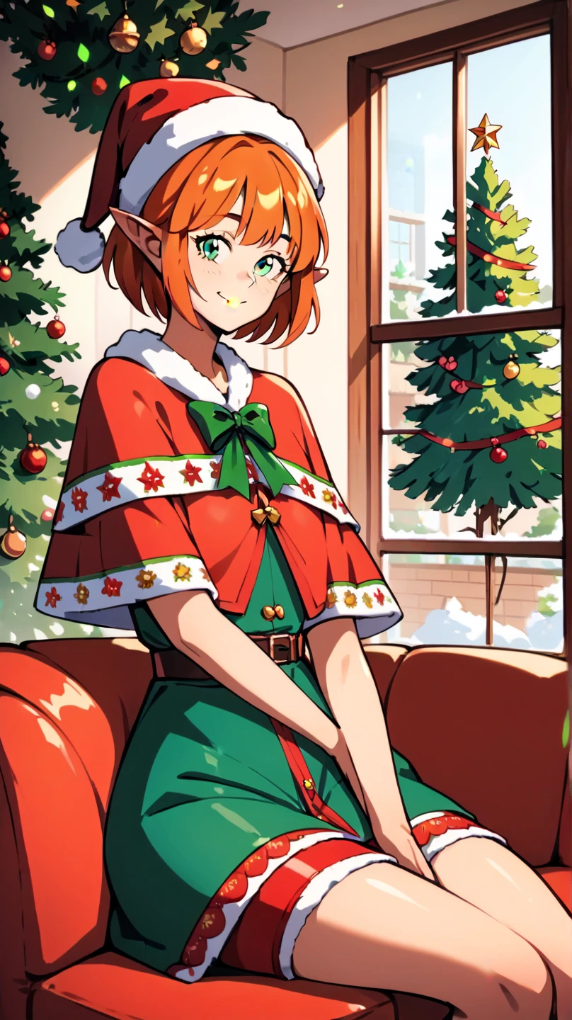 masterpiece, Ixchel,1girl,solo,short hair,orange hair,pointy ears,green eyes, xmas, victorian indoors, xmas tree, pile of xmas gifts around, snow in window, sitting in a red couch, light smile, santa hat