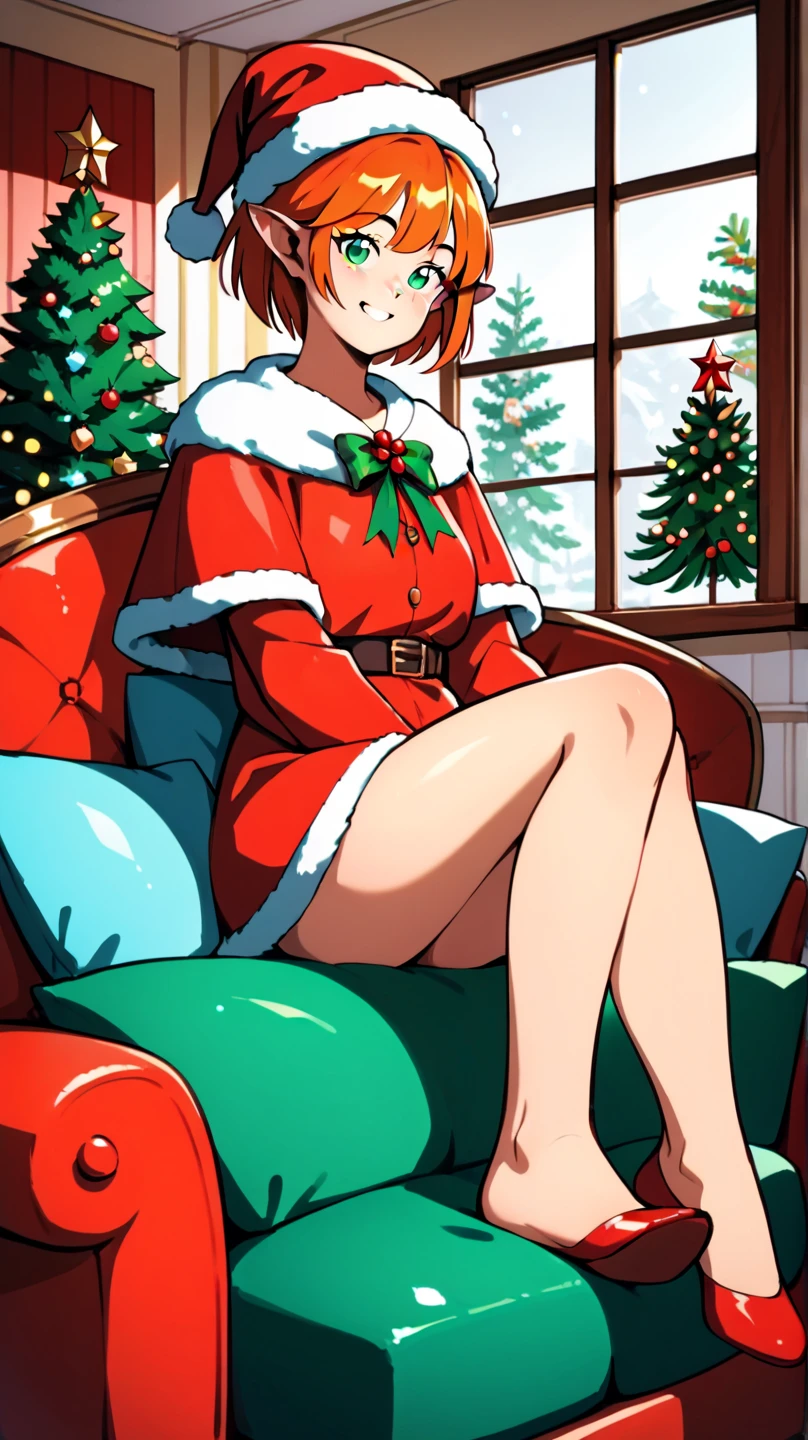 masterpiece, Ixchel,1girl,solo,short hair,orange hair,pointy ears,green eyes, xmas, victorian indoors, xmas tree, pile of xmas gifts around, snow in window, sitting in a red couch, light smile, santa hat