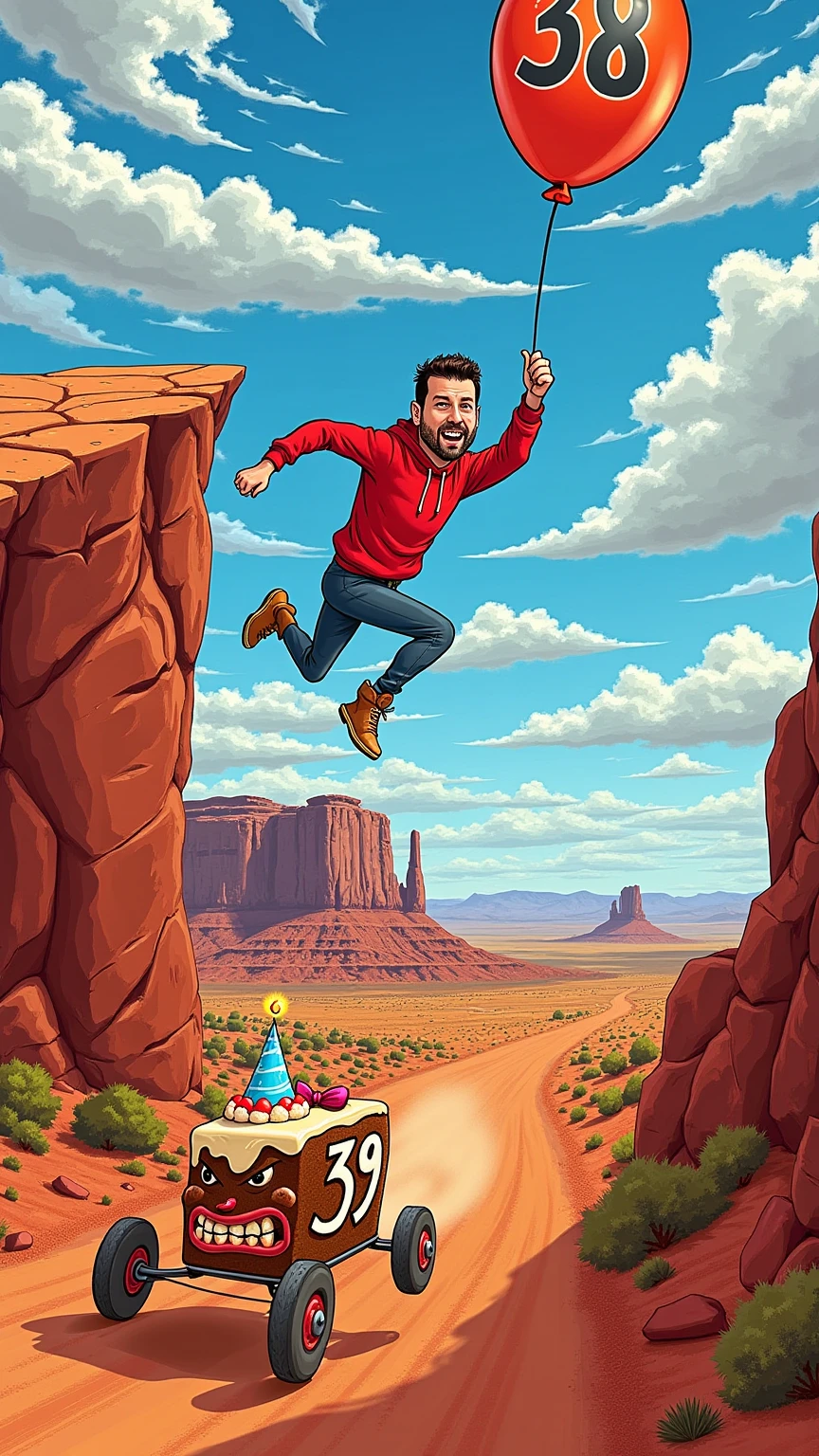 A vibrant, cartoon-style scene inspired by classic Road Runner aesthetics, featuring a caricatured man with an oversized body and an exaggeratedly large, semi-realistic face, running in mid-air just beyond the edge of a dramatic cliff. His expression is panicked yet comical as he clutches a helium balloon floating above him, marked with the number "38." On the road before the cliff, a furious birthday cake with wheels speeds after him, its frosting-covered face animated with angry eyes and a snarling mouth. The cake, adorned with the number "39" in bold icing, leaves a trail of swirling dust as its wheels kick up dirt in hot pursuit. The cliff edge is jagged, with cracks in the reddish-brown rock, while the background showcases a sprawling desert landscape filled with mesas and a bright cartoonish sky. The overall scene combines humor and chaos, blending exaggerated caricatures with a touch of realism in the man’s facial details for a unique and dynamic visual.
