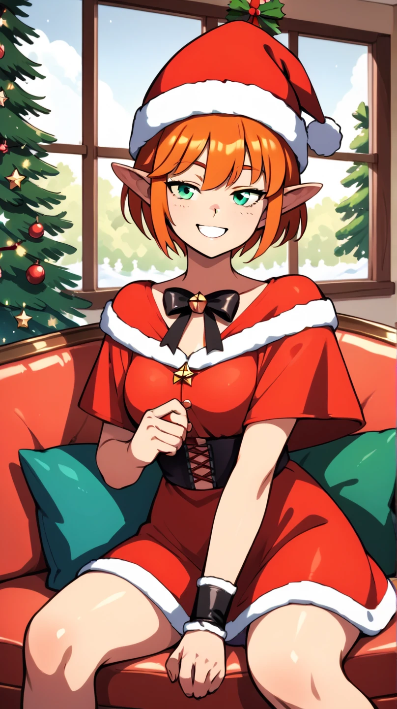 masterpiece, Ixchel,1girl,solo,short hair,orange hair,pointy ears,green eyes, xmas, victorian indoors, xmas tree, pile of xmas gifts around, snow in window, sitting in a red couch, wide smile, santa hat, front view, half closed eyes