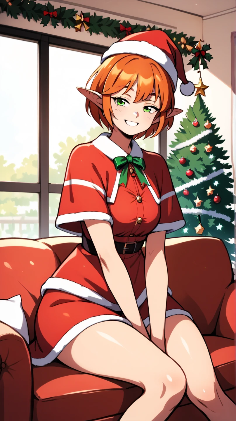 masterpiece, Ixchel,1girl,solo,short hair,orange hair,pointy ears,green eyes, xmas, victorian indoors, xmas tree, pile of xmas gifts around, snow in window, sitting in a red couch, wide smile, santa hat, front view, half closed eyes