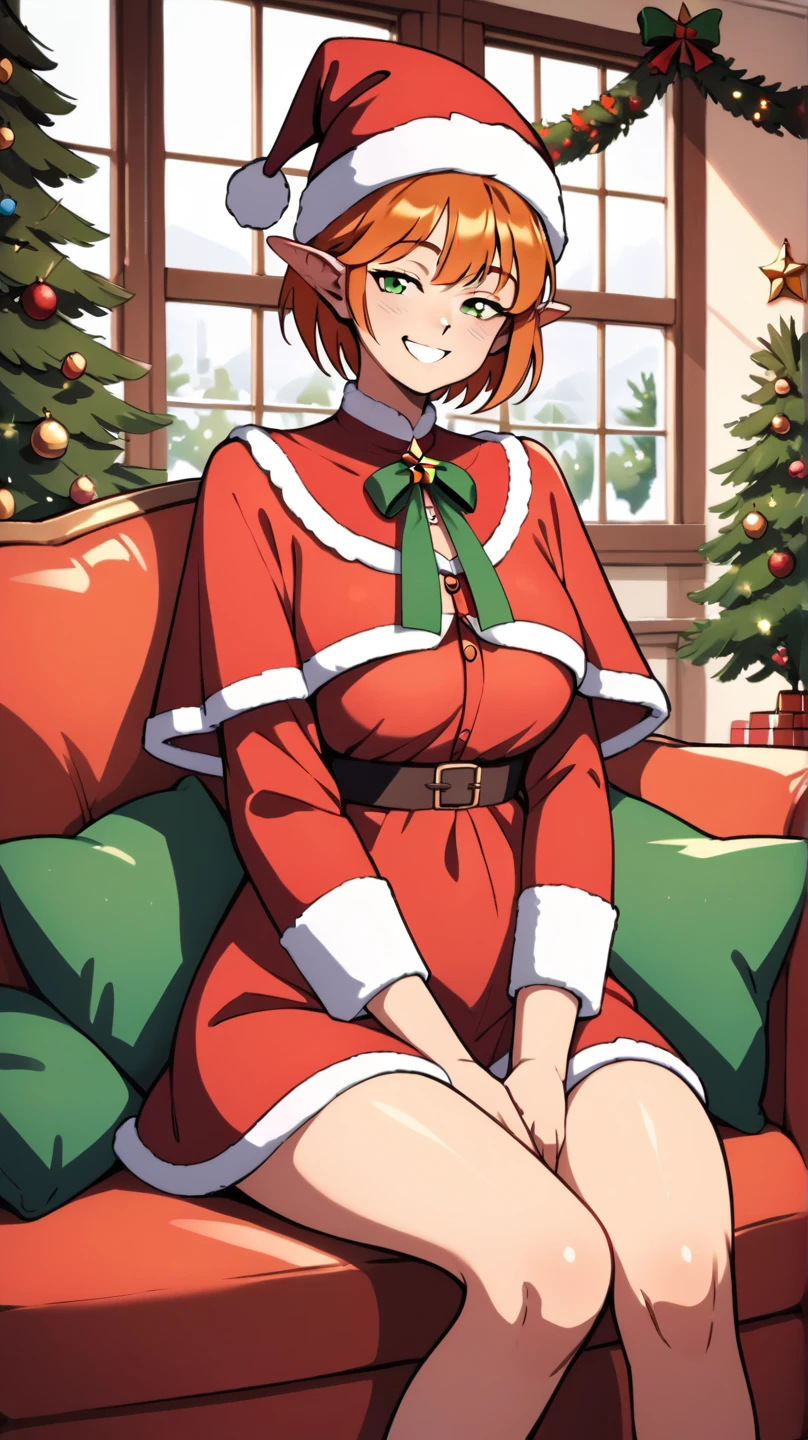 masterpiece, Ixchel,1girl,solo,short hair,orange hair,pointy ears,green eyes, xmas, victorian indoors, xmas tree, pile of xmas gifts around, snow in window, sitting in a red couch, wide smile, santa hat, front view, half closed eyes