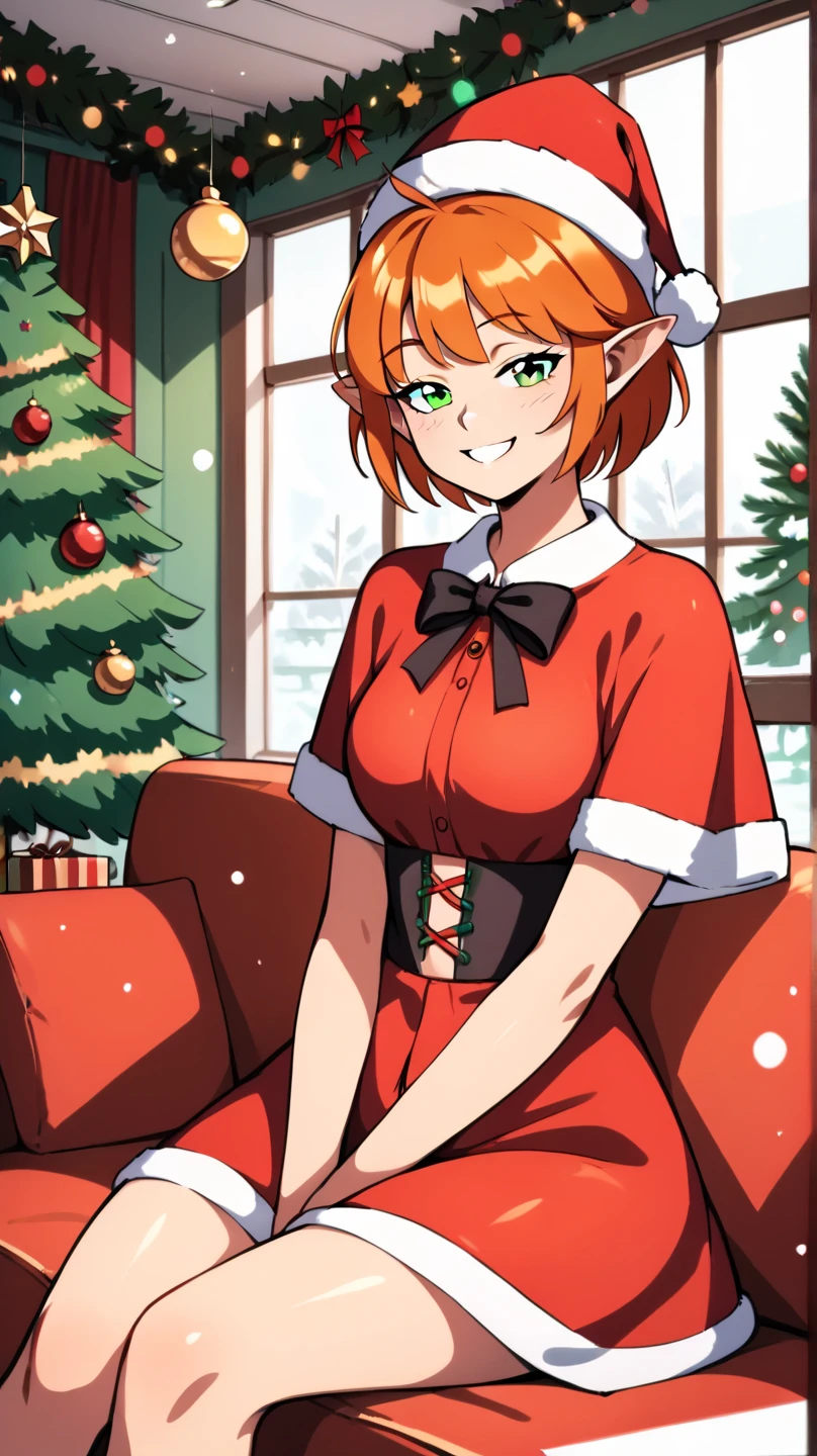 masterpiece, Ixchel,1girl,solo,short hair,orange hair,pointy ears,green eyes, xmas, victorian indoors, xmas tree, pile of xmas gifts around, snow in window, sitting in a red couch, wide smile, santa hat, front view, half closed eyes