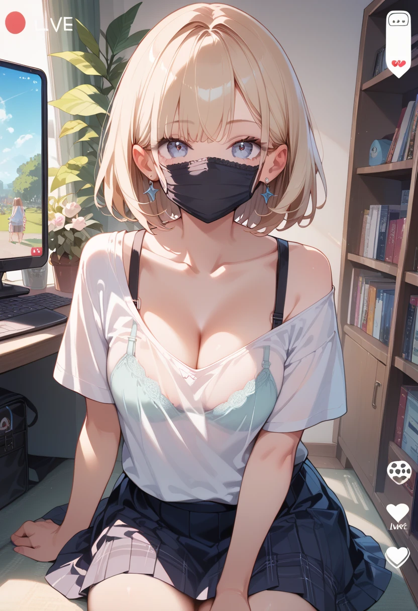 (masterpiece, best quality, ultra detailed, high resolution, detailed facial description), (1 female:1.3), (loose shirt, bra strap), (black mouth mask), down blouse, looking at viewer, (fake phone screenshot), (livestream), (up skirt), my room