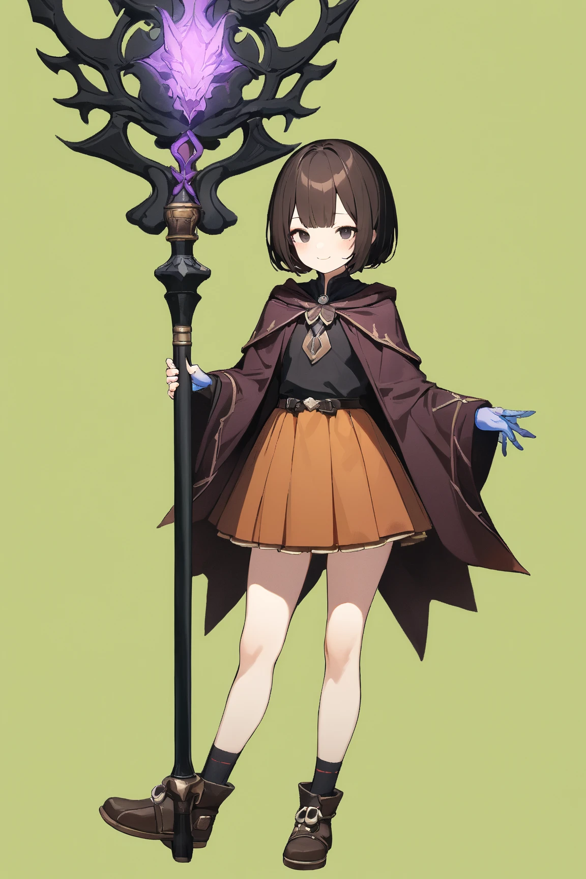 (green background:1.3), No wind, character sprite, Break, 
1 girl, (cute face), Intelligent Look, light smile, , petite, 150 cm tall,, Standing, feet out of frame, (black short hair, blunt ends), black eyes, (flat chest:1.2), slim, (dark brown Mage Outfit, short length skirt), ankle socks, ankle boots, absurdity Mage long staff,(porcelain skin), Break, 
(green background:1.3), No wind, high fantasy, game cg, absurdres,  highres icon, ultra detailed, beautiful, masterpiece, best quality,
