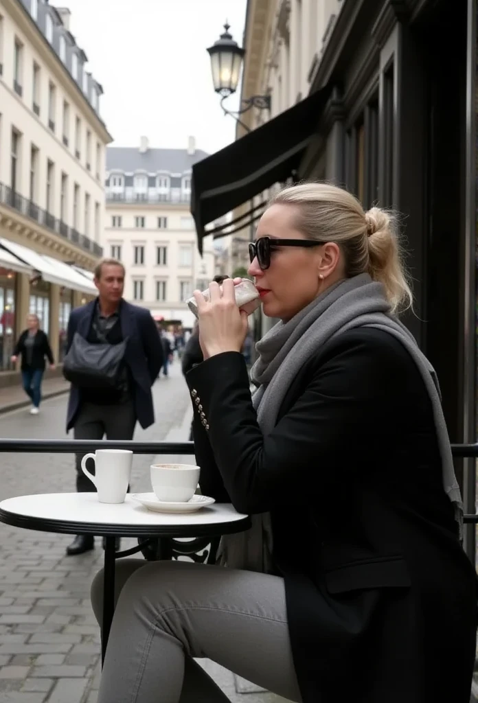 Woman blonde cafe on the street Paris hairstyle square photos Noir style Parisian Fashionista