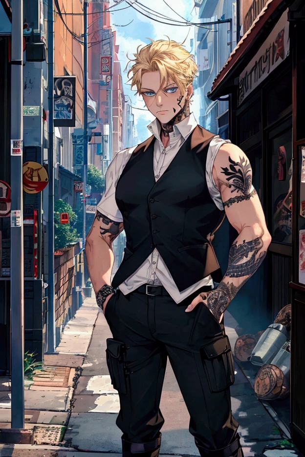 2d anime style,Skinheads,male,Red pupil,Beautiful watch,earrings,Fashion,Showing chest muscles,Tattoo,black trousers,Black leather shoes,night,,Chili sauce bottle