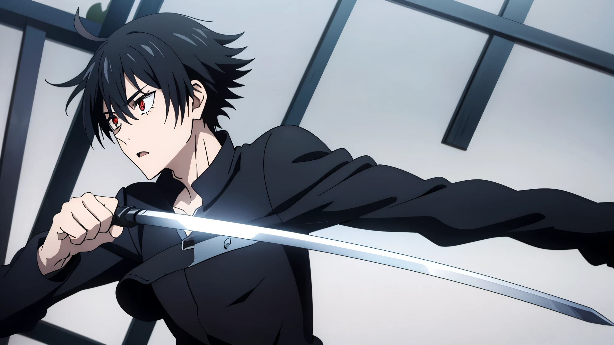 1boy, solo, teenage, black hair, red eyes, ahoge, cowlick, short haircut, black jacket, messy bangs, ahoge, pale skin, skinny, , sword in his hand, 4k