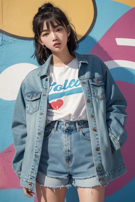 
A confident Asian teenage girl in classic 90s denim-on-denim fashion, wearing a light blue oversized denim jacket and matching high-waisted jeans, her hair tied back with a colorful bandana, posing with a bold expression against a graffiti-covered wall, warm golden hour lighting, ultra-detailed textures, 8K editorial photography style.