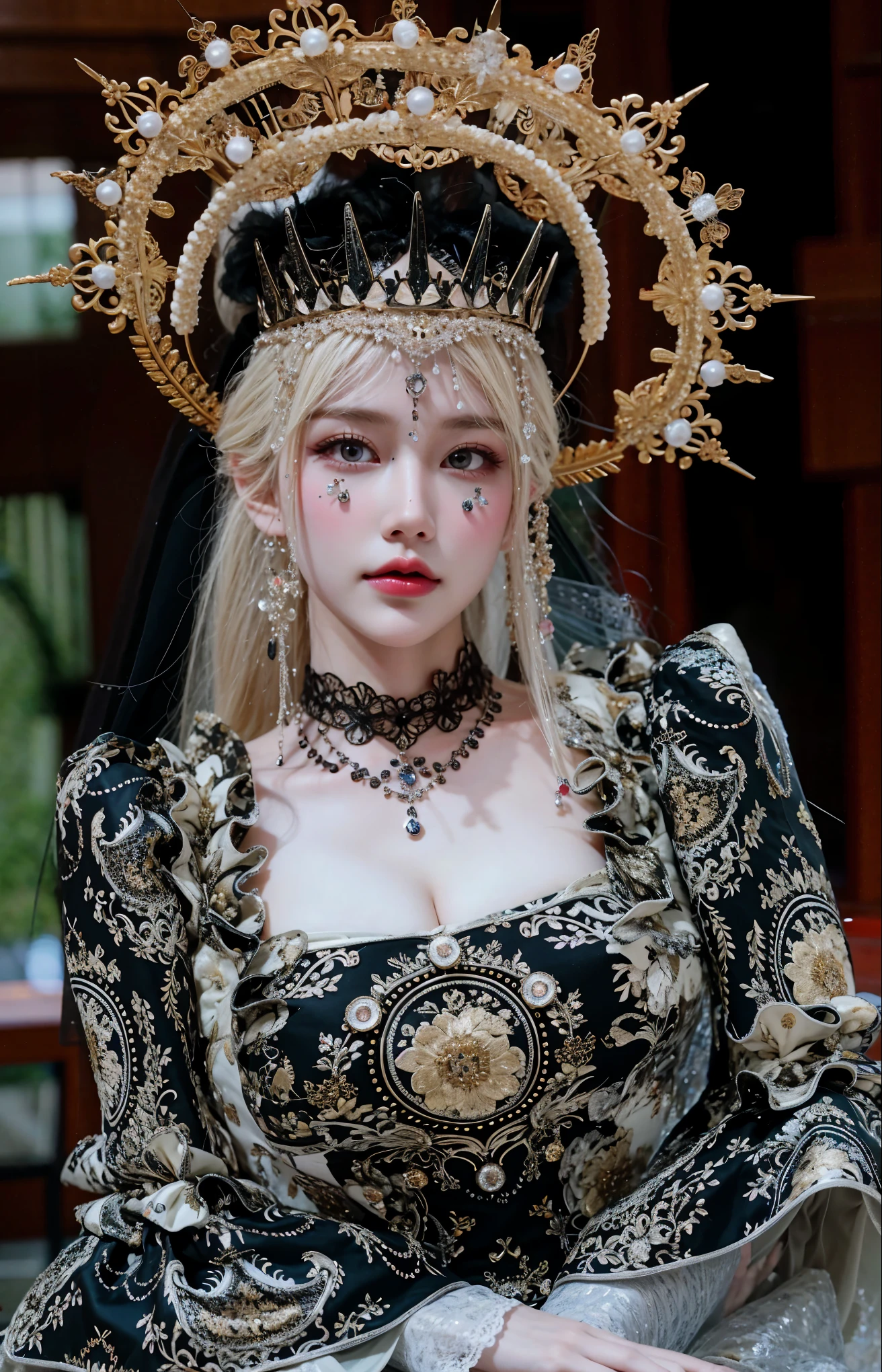 (Best quality,masterpiece,absurdres,ultra realistic:1.4),(Rococo:1.4),(close portrait:1.3),peerlessly beautiful idol, beautiful detailed eyes,(see-through_clothing),(Elegant posture),shine,glowing,sparkling,energy coalescing and vibrating,(dynamic angle,dynamic pose),whole_body,kneeling ,Around,flamboyant,
(female high school student,JK),wearing see-through gothic outfit,(Dream_wave:1.22),
(),(crown jewels, mesmerizing included (i3) peridot, trillion cut, mixed cut facets, 0.75 carat, luminous, metallic, sterling silver, inflexible, solidity, enhancement, baroque setting, indigenous, precious, renaissance, edwardian, custom and tradition),(olive maritime kinetic),(enigma institute of spells and potions, asphalt,Onyx stone,clay tiles roof,timber, Solar-Powered Lights,Bioluminescent Fungi, patio umbrella lights),