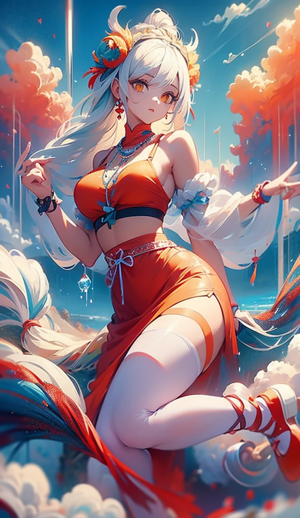 1girl, Alone, hair ornament, white hair, very long tail, long hair, basic dress, water movement a sua volta, The sea of blood on your feet, Red Sea, head up, hateful look, yellow eyes,  blue sky background with flowing clouds, medium round breasts, Thicc thighs , love lingerie