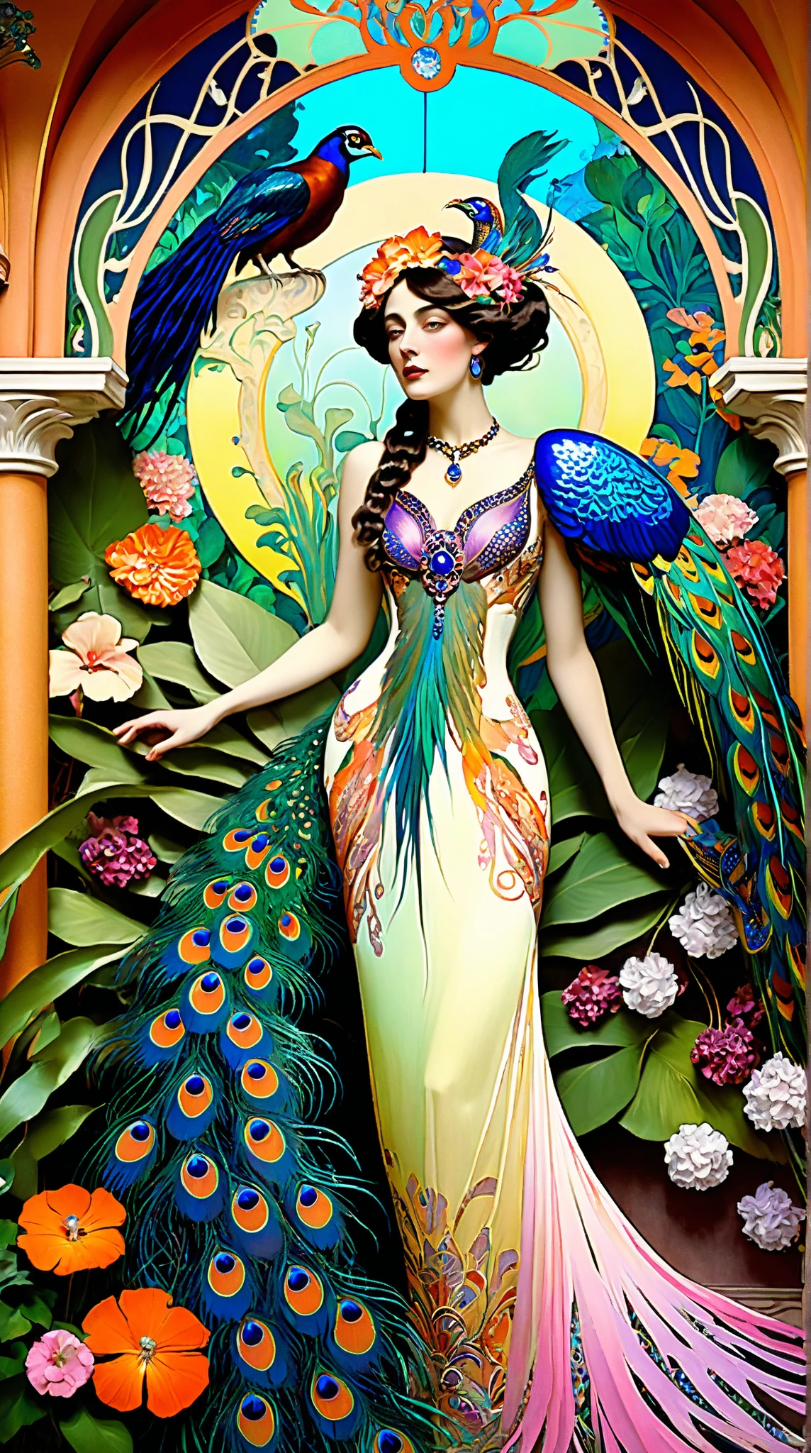 breathtaking Jugendstil scene, Leon Bakst inspired, dreamy fantasy paradise, vibrant, serialist colorful patterns, Art Nouveau style, lush tropical garden, sprawling florals, peacocks, elegant feminine figures, flowing silk fabrics, glittering jewels, ornate architectural details, exotic birds, realistic high details, impressionist brushstrokes, Gustav Klimt and Alfons Mucha influences