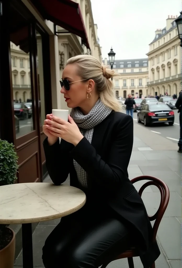 Woman blonde cafe on the street Paris hairstyle square photos Noir style Parisian Fashionista