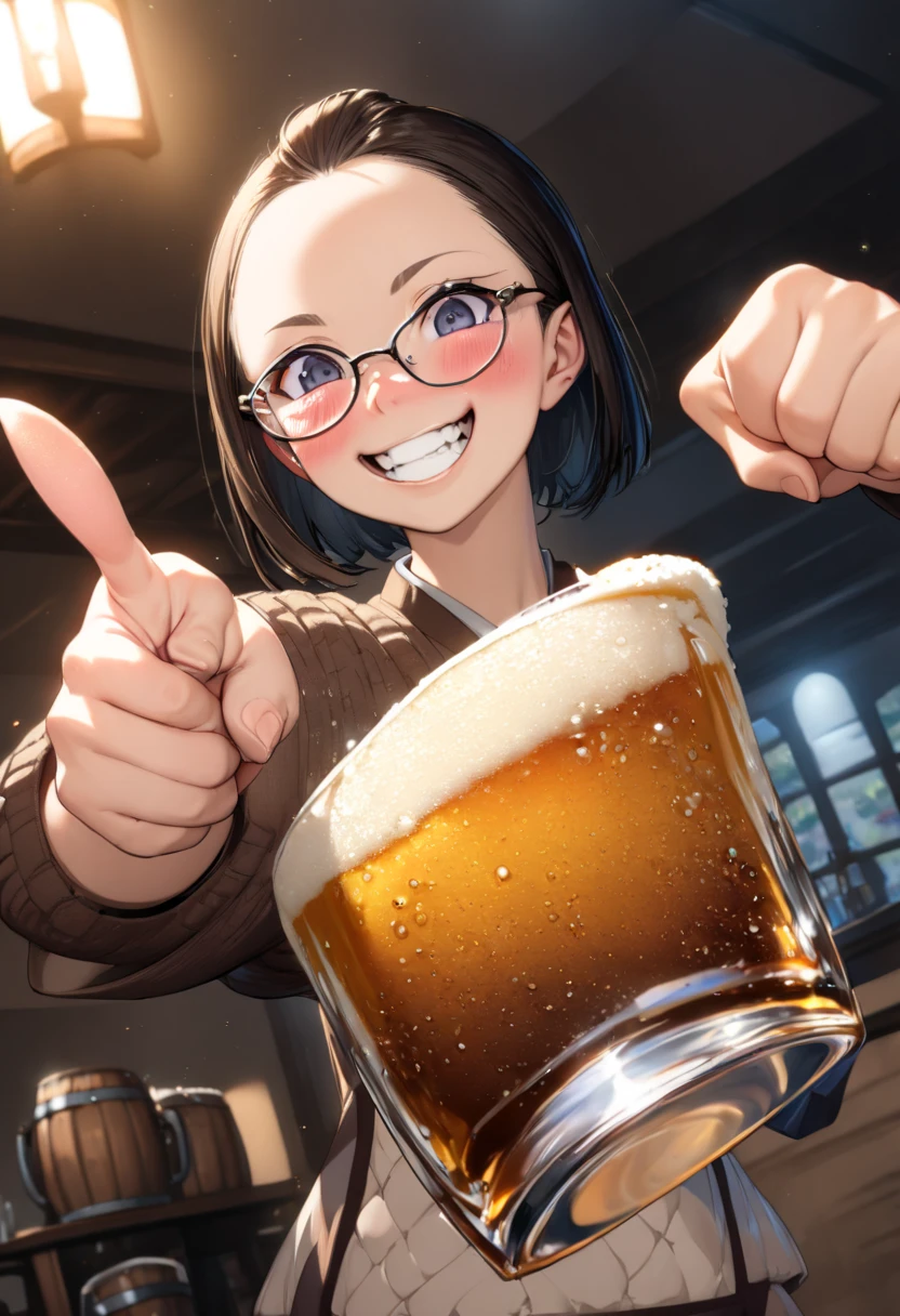 Toasting with a smile in a beer in a tavern
Black Hair Bob
Mid-20s
Idle face