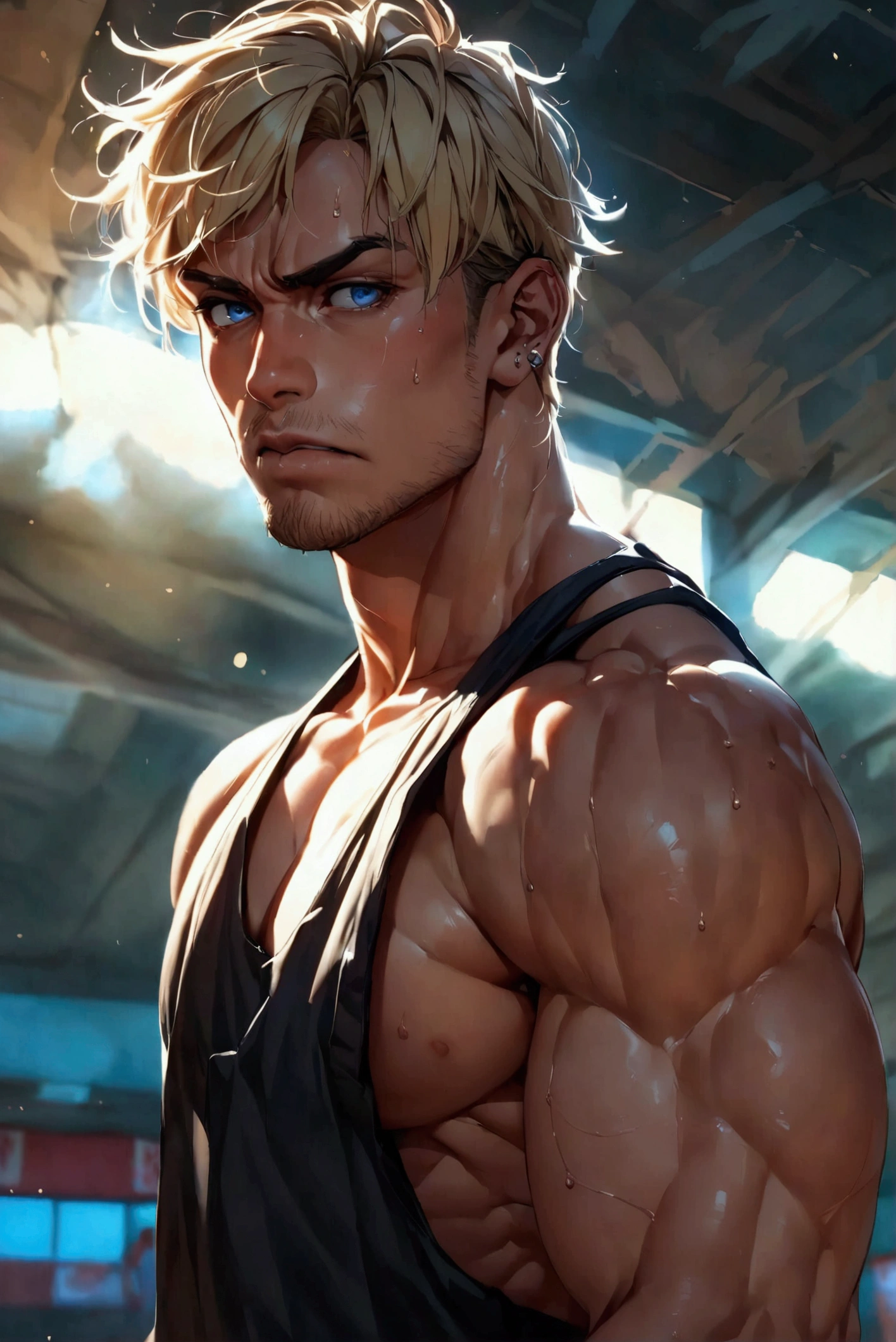 (best quality,4k,highres,masterpiece:1.2),ultra-detailed,realistic:1.37,men Bakugou Katsuki,locker room,taking off clothes,handsome,athletic build,wet bodies,sweat glistening on skin,glistening muscles,rippling abs,shadows and highlights,toned backs,broad shoulders,defined jawlines,piercing eyes,dripping water drops,wet hair,sensuous lips,confidence,masculinity,charismatic smiles,eyes filled with intensity,locker decorations,steam in the air,moisture on mirrors,dimmed lighting,strong contrast,body tattoos,sleek and modern lockers,luxurious bench,shower area in the background,stainless steel accessories,steam rising,exhaust fan noise,intriguing composition,blue color tones,spotlights casting dramatic shadows,professional sports club atmosphere
