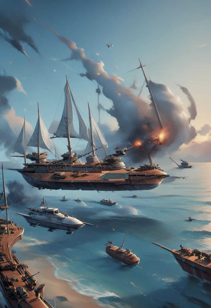 Treasure Planets Ships,ships,space battle,multiple battleships,war setting,dangerous situation, vibrant colors and tone, explosions, shooting, cannon, boom,Ace Combat style