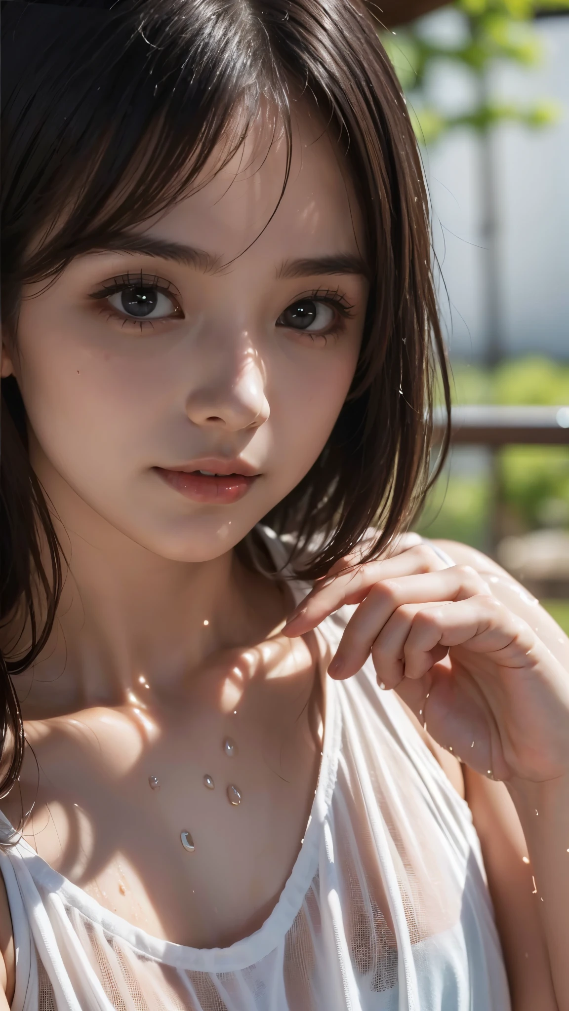 (details face:1.0), (Beautiful eyes:1.0), (photoreallistic:1.4), (Extremely detailled),Raw photo, Shaded face, depth of field,1Women, aged 16, japanes,(bangss:1.2), ((smalll breasts、skiny:1.2))、Faint lips、close to viewer、(Extremely detailled)、 (perfect anatomia、最好质量、A high resolution、realisitic)、Brown hair、short-hair、Black eye、torn clothes, Wet clothes, Naked, Real rain, Wet hair, Smile, undergarments,Armpits, ultra-high-resolution、hiper realistic、Caustics、Core Shadow、(Extremely detailled)、dynamic lights、(hiqcgbody:1.1)、(Highly detailed pupils:1.2)、
