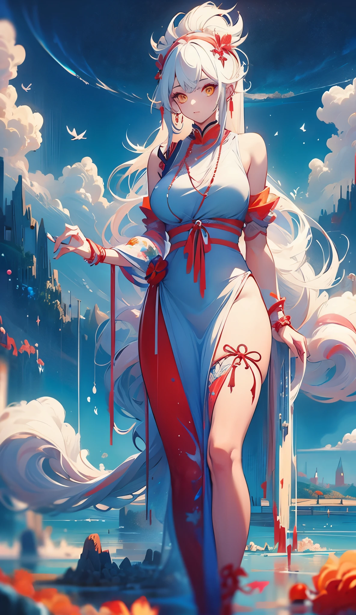 1girl, Alone, hair ornament, white hair, very long tail, long hair, basic dress, water movement a sua volta, The sea of blood on your feet, Red Sea, head up, hateful look, yellow eyes,  blue sky background with flowing clouds, medium round breasts, Thicc thighs , love lingerie