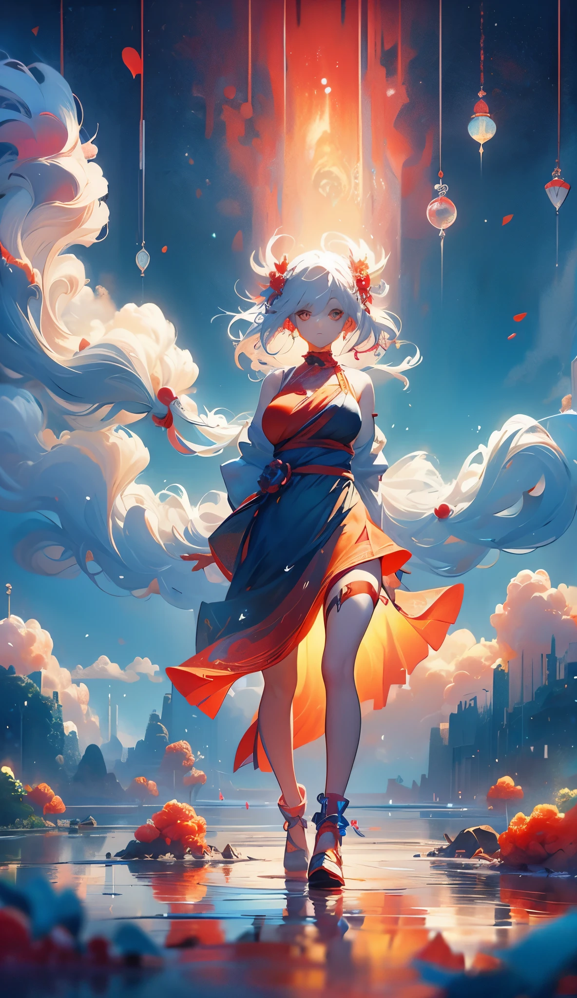 1girl, Alone, hair ornament, white hair, very long tail, long hair, basic dress, water movement a sua volta, The sea of blood on your feet, Red Sea, head up, hateful look, yellow eyes,  blue sky background with flowing clouds, medium round breasts, Thicc thighs , love lingerie