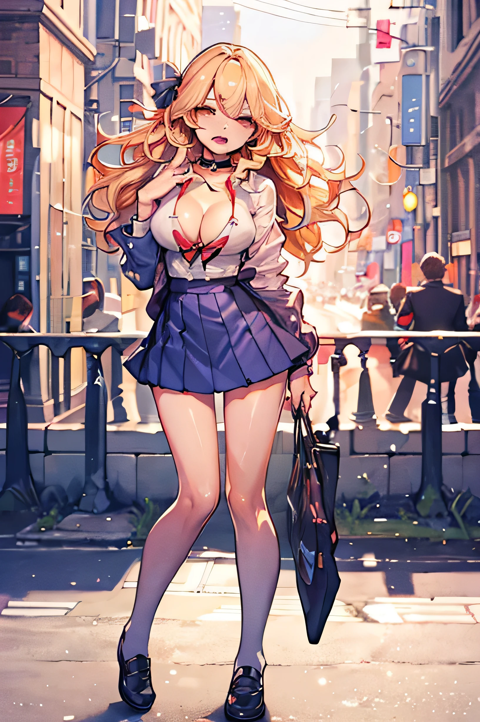 A beautiful woman in gyaru makeup wearing school uniform on the bustling streets of Gintama, surrounded by vendors, beautiful portrait of a stunning goddess girl, beautiful detailed face, porcelain skin, half body shot, centered,(navel:1.4),((moonlight,night,big neons,strong neon lighting,rim lighting,two tone lighting))),
