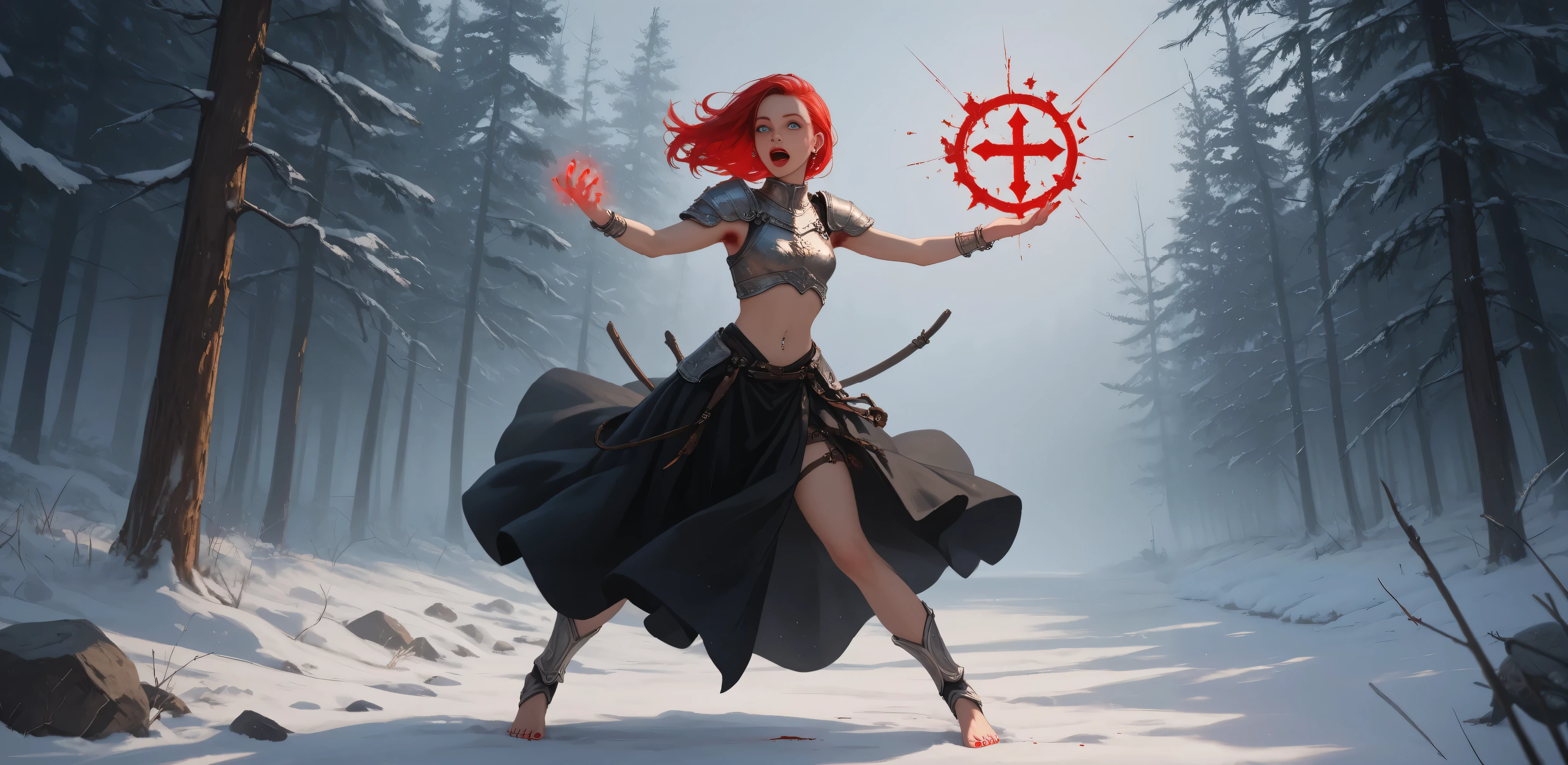 warrior girl, black dress, full body , silver collar , earring, silver rings , long straight hair , red hair , pose, high contrast , perfect feet, light skin, best quality , masterpiece , Silver Bracelet, High Definition, red nails, red lips , silver navel piercing , Blue Eyes, pine trees, Over the snow , crucifixo, small breasts, perfect face, perfect hands, perfect eyes, hairy armpit , armor breastplate, Zombies, magic, excited woman, blood, heroic pose, Open mouth