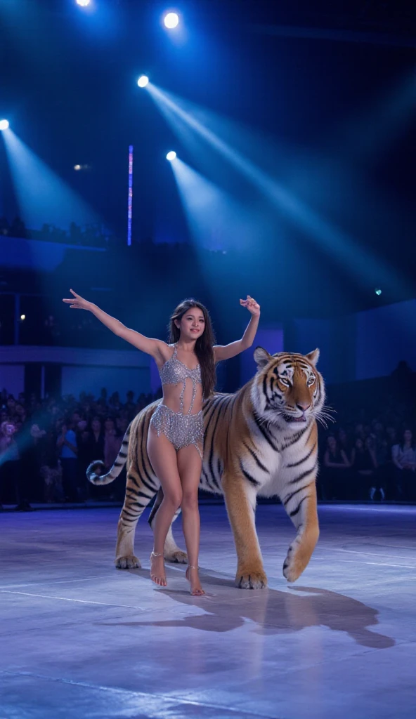 A dramatic stage performance set in a large, brightly lit auditorium, with a girl and a majestic tiger performing a captivating dance. The girl is dressed in an elegant, shimmering outfit, showcasing her graceful movements as she d
ances confidently with the tiger beside her. The tiger is calm yet powerful, moving in harmony with her as they perform an enchanting routine. The audience is in awe, with spotlights focused on the performers, creating a magical and tense atmosphere, akin to an America’s Got Talent performance. The backdrop features dramatic lighting and smoke effects, adding to the grandeur of the performance.