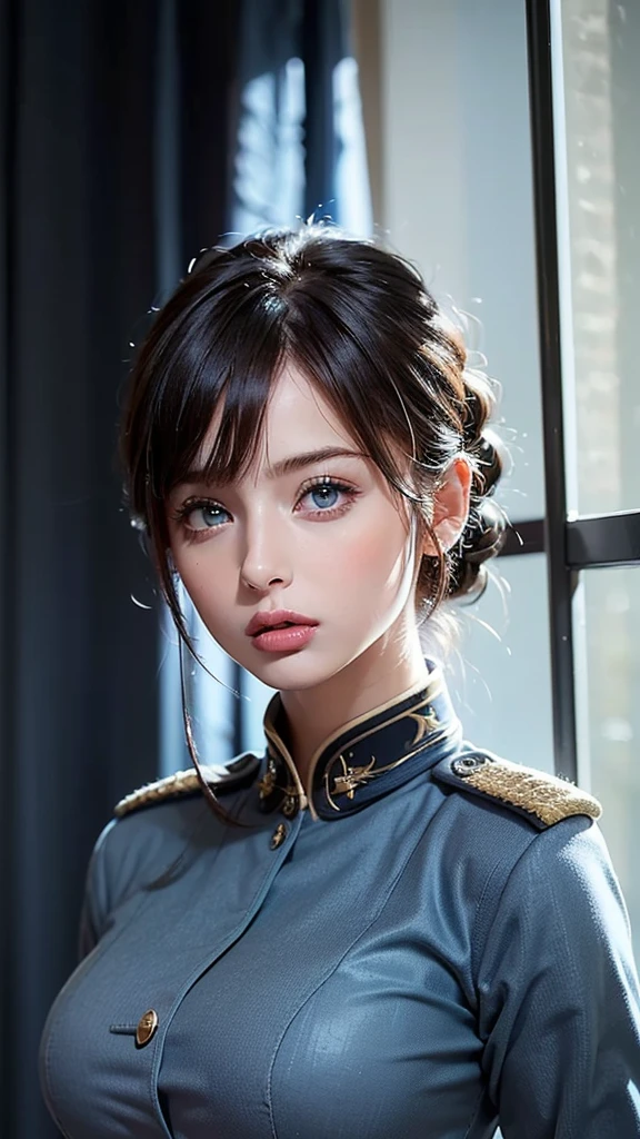 ( highest resolution,  clear_image)  top quality, Single,  one woman, Alone,   Masterpiece  ,((Upper Body)), ((Big breasts)),((realistic:1.2)), high definition, Semi-realistic, Black short hair,  black hair , bangs, 18 years old,  mature, ((light blue   military uniform :1.4)),   ((military uniform:1.4)) ,  indoor background,  kind, Dignified, Powerful,  exquisite face ,  exquisite face 