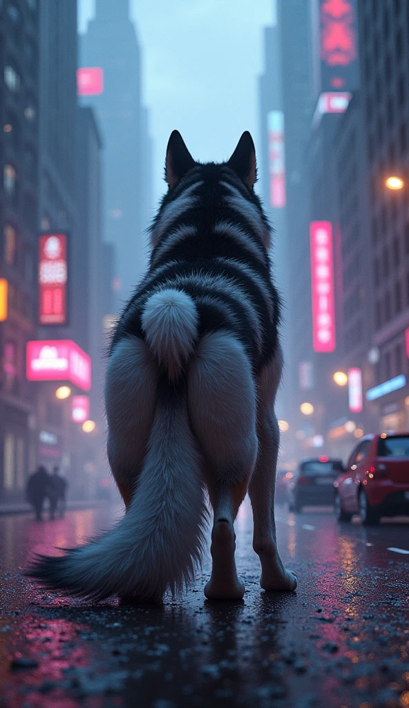 There is one adult character on this picture. The character is a slender male grey wolf, grey fur, slender character, slender, yellow eyes, barefoot, digitigrade, paws, black pawpads, wolf hands, black claws, wolf tail, topless, male bare chested, bare chest male, black nipples, black areolas, visible sheath, sheath, fully sheathed, visible balls, balls, visible testicles, testicles, ass, butt, nude, naked, nsfw. The scene takes place on a street at night. street at night on the background. Street. Night. The character is facing a wall. The character is peeing on the wall. The character is pissing on the wall. The character is urinating on the wall. Piss splashing on the wall. Urine splashing on the wall. Piss dripple from the wall. Urine dripple from the wall. Piss stains on wall. Urine stains on wall. Piss puddle on ground. Urine puddle on ground. Piss stream. Urine stream. Camera rear view. Rear view.