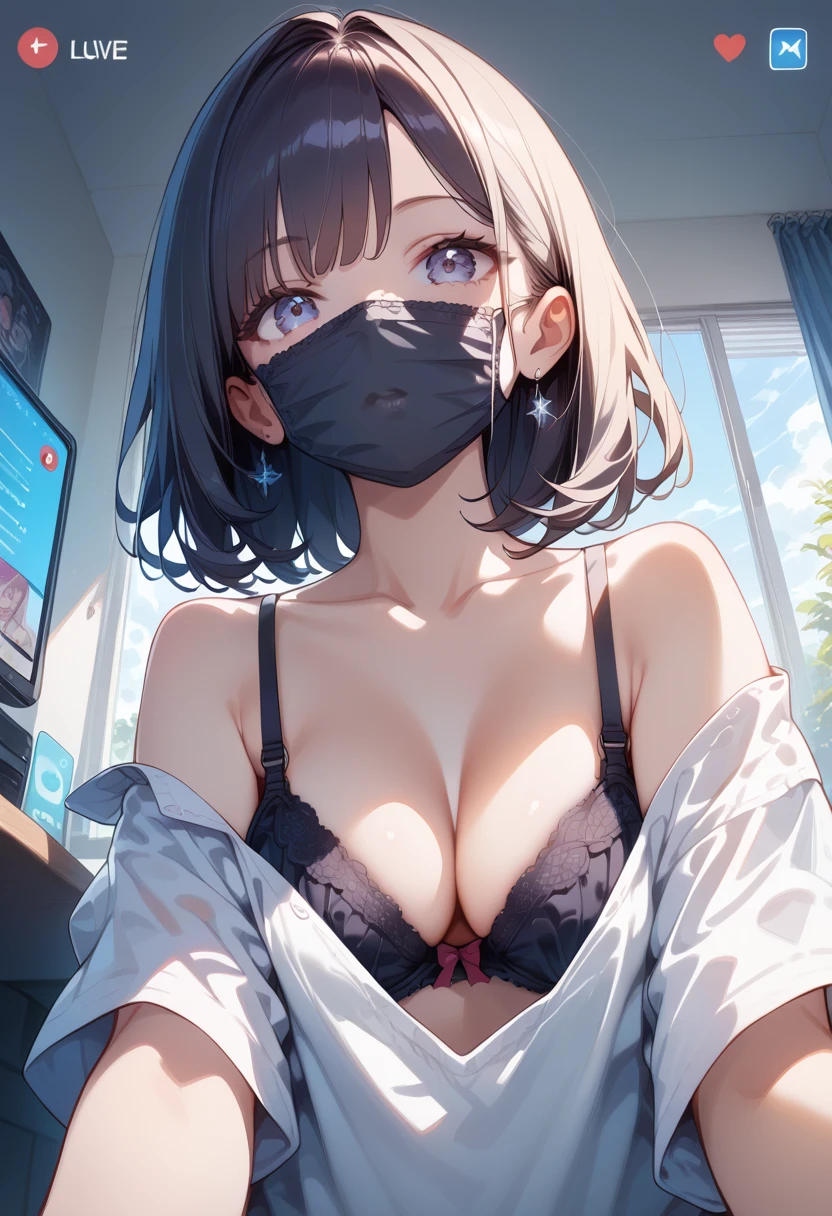 (masterpiece, best quality, ultra detailed, high resolution, detailed facial description), (1 female:1.3), (loose shirt, bra strap), (black mouth mask), down blouse, looking at viewer, (fake phone screenshot), (livestream), my room, (Lower body from another perspective:1.5)