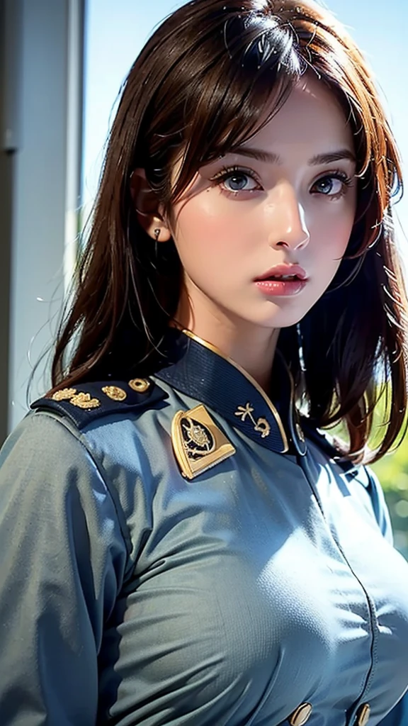 ( highest resolution,  clear_image)  top quality, Single,  one woman, Alone,   Masterpiece  ,((Upper Body)), ((Big breasts)),((realistic:1.2)), high definition, Semi-realistic, Black short hair,  black hair , bangs, 18 years old,  mature, ((light blue   military uniform :1.4)),   ((military uniform:1.4)) ,  indoor background,  kind, Dignified, Powerful,  exquisite face ,  exquisite face 