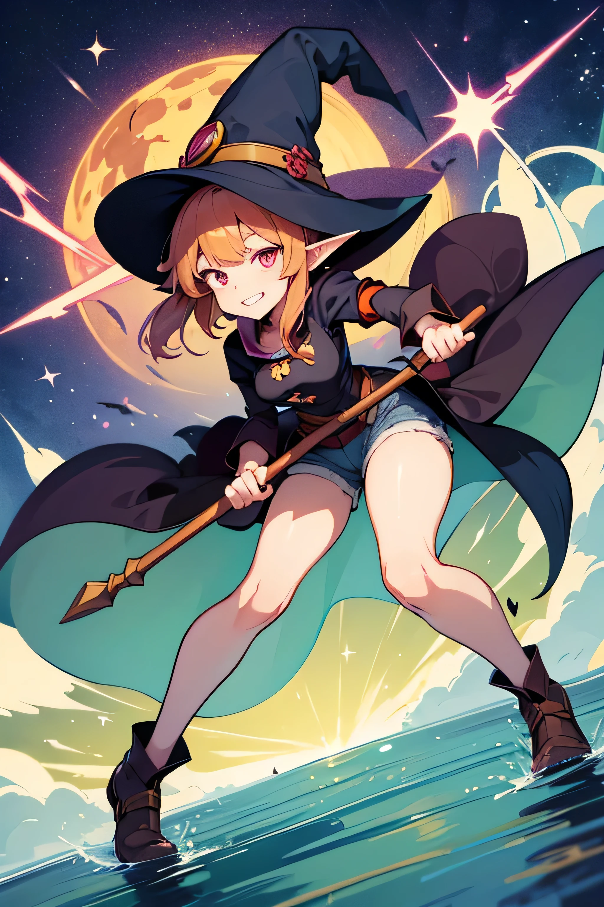 verdan goblin, goblin, verdan, goblin lady, a woman wearing a witch hat, witch academia, witch girl, witch, a witch, witchy, kirisame marisa, half invoker half megumin, bright witch, wearing a witch hat, kirisame marisa from touhou, classical witch, by Kamagurka, little witch academia, anime-styled full body illustration, wood staff which gem, short verdan, anime character design, full body, dynamic dramatic pose, short hair, fringe bangs, pointy elf ears, long knees jean shorts 