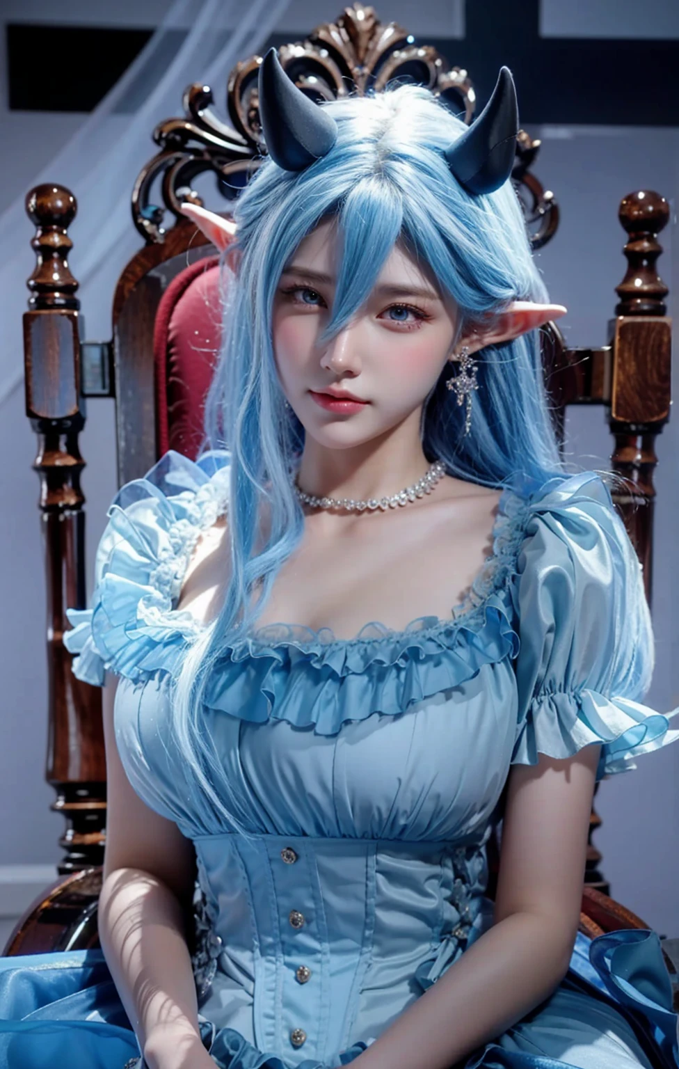 8K、Luxurious blue and white chest armorを着たダークエルフ、Super Beauty(Realistic)、Tan Skin、Elf Ears、Luxurious blue and white chest armor、Model Chute Style、(非常にdetailedなCGユニティ8K壁紙)、Full body photos of the most beautiful works of art in the world、Front 4 poses、Blue Hair、gorgeous blue and white long skirt、diamond、Medieval architecture、Talked about at the art station、CG Trends、detailed、Every detail、Sharp focus、Very large breasts、blue eyes、Audience、Beautiful expression、Accentuate your cleavage、Beautiful decoration、smile、make、Inside the cave、Tan Skin、Beautiful Blue Hair、Tan Skin、Rich colors、Backlight、Cinema Lighting、Film Grain、50mm lens、Nikon D850、Ultra-high resolution、Ultra-realistic、Dynamic fighting poses、In the dark dungeon、Makeup,Luxurious blue and white chest armor,Have a rapier,