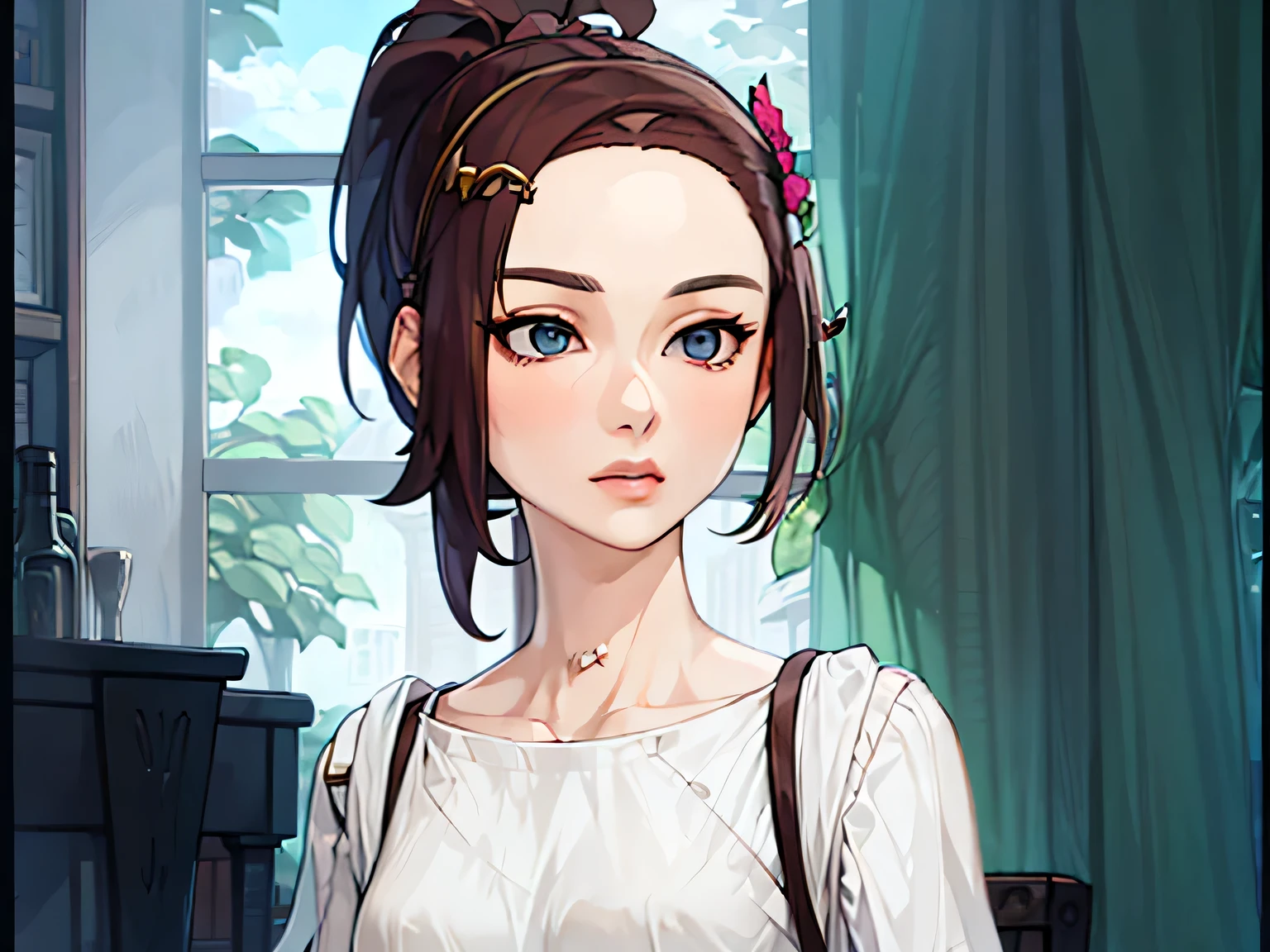 (masterpiece, best quality:1.2) 1girl, woman in her early 20s, pink shirt, face close-up, brown hair, ponytail, indoors, blue eyes, lipstick, looking at viewer, forbidden maiden

