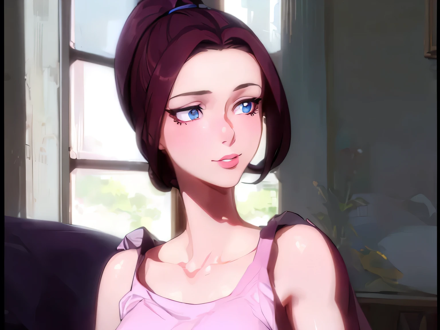 (masterpiece, best quality:1.2) 1girl, woman in her early 20s, pink shirt, face close-up, brown hair, ponytail, indoors, blue eyes, lipstick, looking at viewer, Aphrodite

