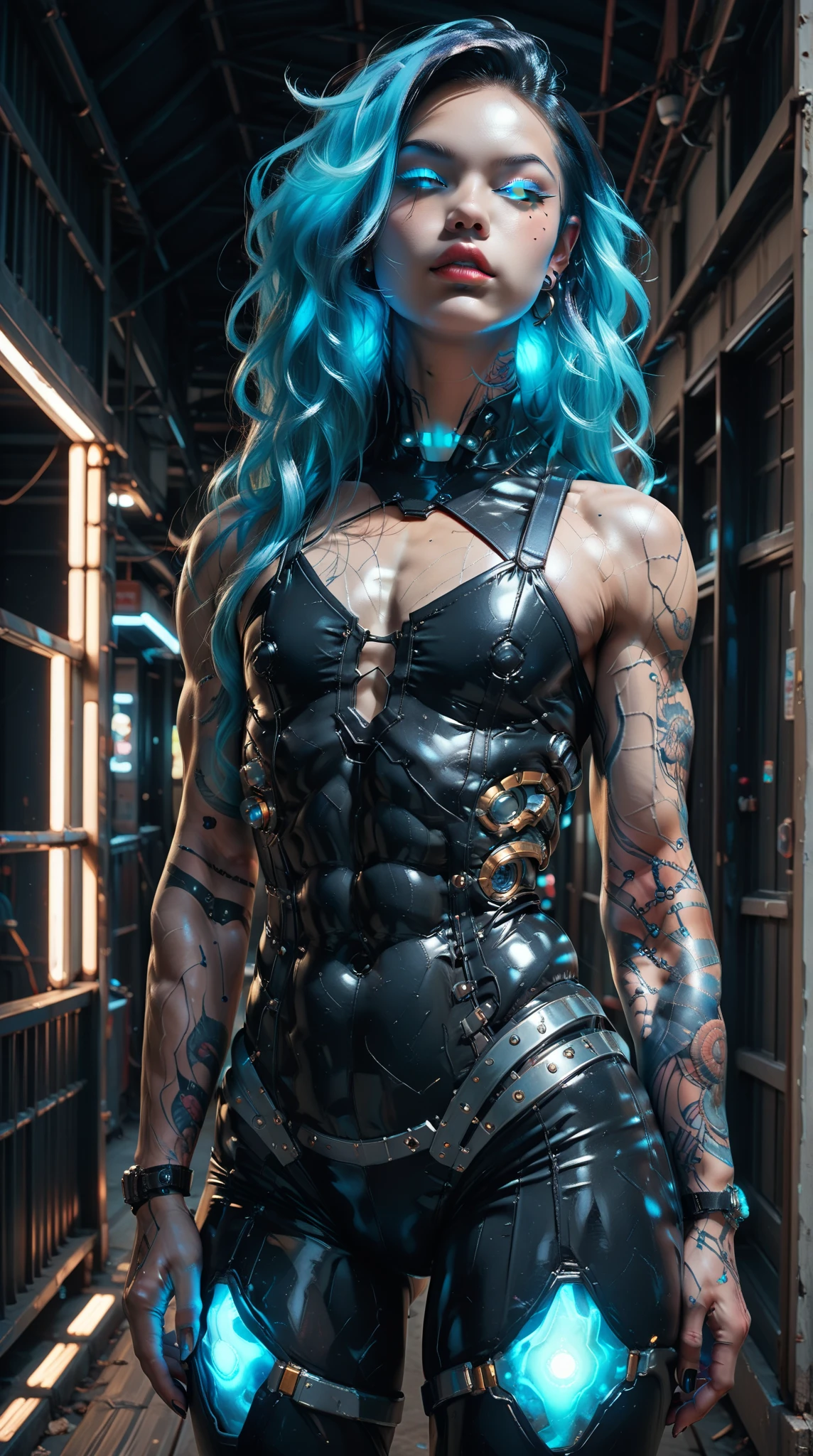 score_9, score_8_up, score_7_up, (Three quarters Shot), (1 girl), (asian), beautiful teenage (skinny) muscular goth cyborg girl, (full Cybernetic bodysuit:1.5), (black sclera:1.5), (blue glowing eyes:1.5), (blue glowing body veins:1.5), (flat chest:1.25), (blue glowing hair:1.25), (beautiful face:1.25), (bodybuilder femboy physique:1.25), (skinny long legs:0.75), (intricate gold filagree:1.25), bimbo lips, cowboy shot, cybernetic, mechanoid body parts, exposed cables and circuits, neon lights, gothic neon style, cyber punk style, super realistic image, beautiful digital paint , hyper Realistic illustrations, Stable_Yogis_Scenery_Negatives, Stable_Yogis_Scenery_positives,  Stable_Yogis_PDXL_Positives, Stable_Yogis_PDXL_Negatives