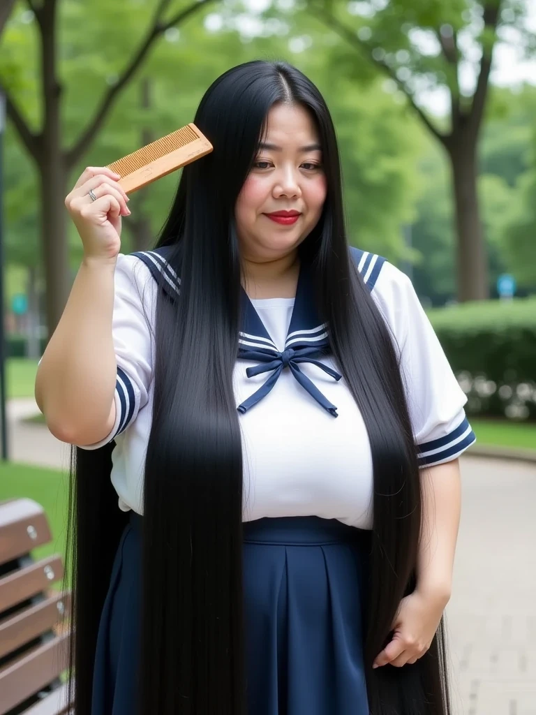 8k,Highest quality, masterpiece, Ultra-high resolution,(masterpiece:1.6, Highest quality), Intricate details, (1 female),Middle-aged woman in her 50s, japanese, full body,  ((dynamic pose:1.3)), top of head, ((Absurdly Long hair:1.5)), ((jet Black Hair)), ((forehead:1.5)), ((fat body, Fat face, round face, Saggy face, crow's feet wrinkies:1.4)), ((huge breasts, gigantic breasts:1.5)), ((super Saggy breasts:1.5)),  ((pale skin, shiny skin,red lips嬉しそうに笑っている)), ((A mature woman dressed in a high school girl's costume is combing her incredibly long, glossy black hair with a wooden comb.:1.5)),(( white sailor suit, dark blue skirt:1.3)),((park bench desk,Wooden comb:1.2))