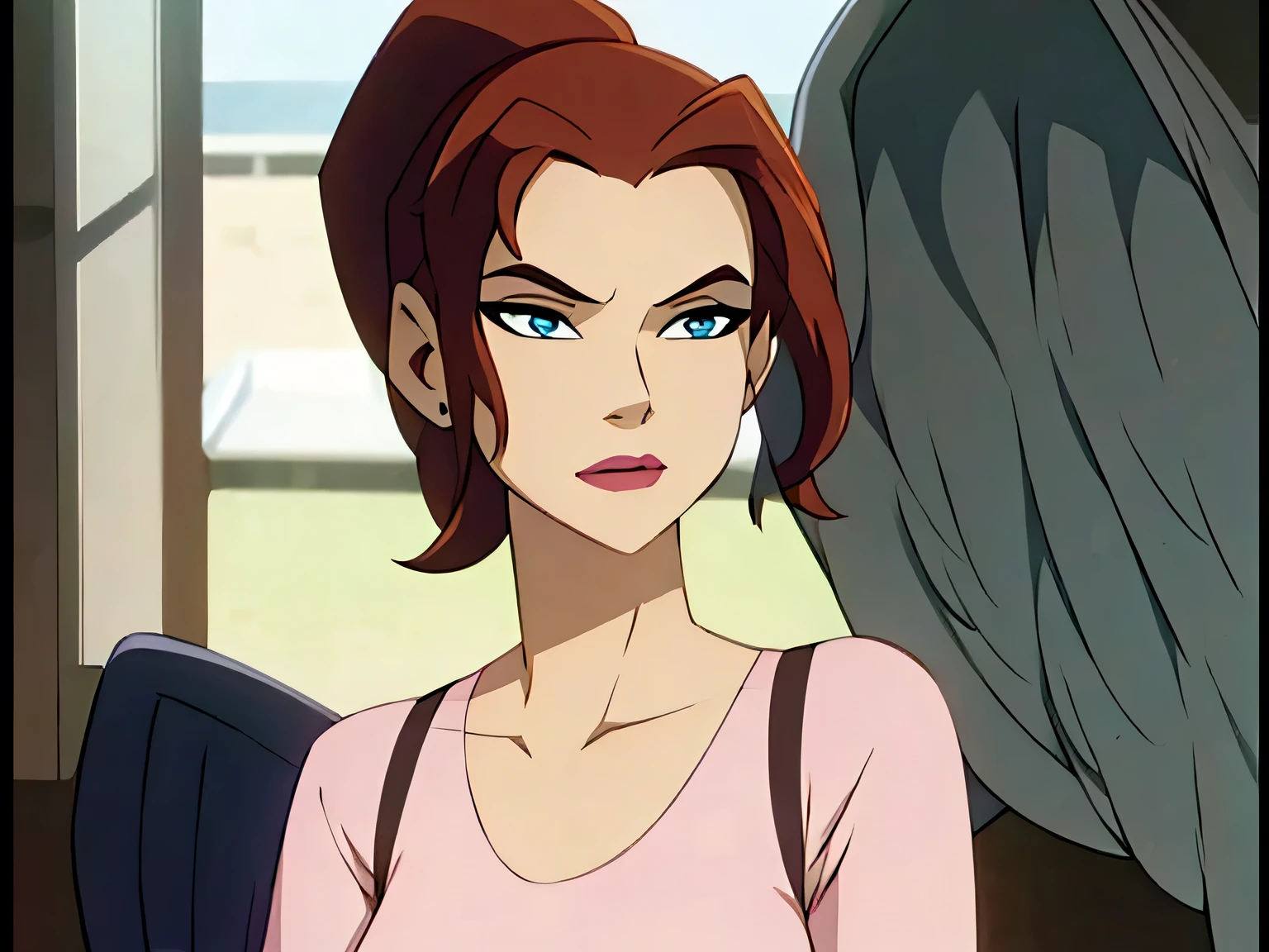 (masterpiece, best quality:1.2) 1girl, woman in her early 20s, pink shirt, face close-up, brown hair, ponytail, indoors, blue eyes, lipstick, looking at viewer, Shayera

