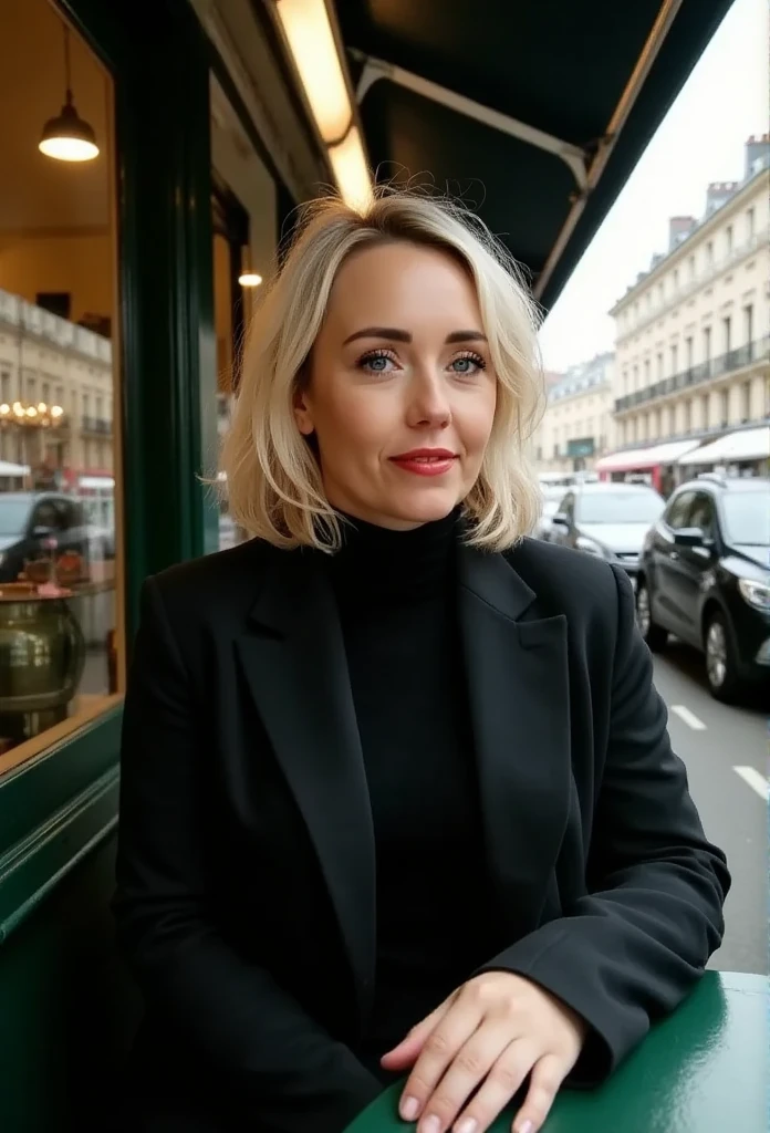 a beautiful young blonde woman sitting at a cafe on a street in paris, wearing a stylish outfit, short bob hairstyle, noir photography style, paris fashionista, no glasses, detailed face, detailed eyes, detailed lips, highly detailed, 8k, photorealistic, cinematic lighting, dramatic shadows, muted tones, moody atmosphere