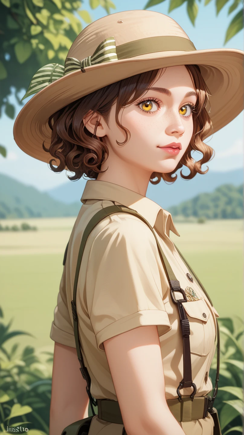 1 niña pequeña,  Isha character from Arcane,  wavy hair,  brown hair ,  yellow eyes ,  short hair ,  High resolution,  masterpiece, Preciso, Detail, Details altos, HD model, safari hat  