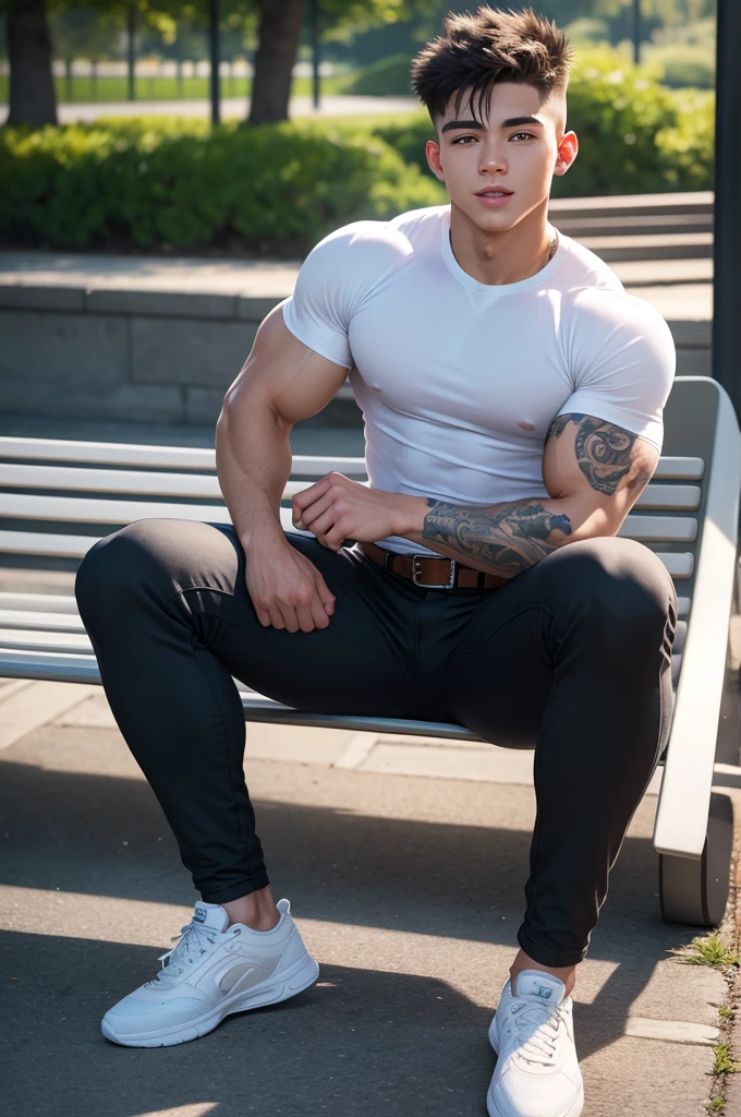 Man in off-white clothes, American round inch head, Buzz cut, national character face, tall and burly, muscular male hero, heroic male pose, muscular! Wearing skins brand bodysuit tights, black hair, super gain and cool, high resolution committee, character design cycling enthusiast, sneakers, attractive strong man,  jeans 