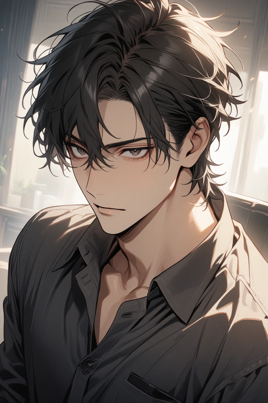 Man, handsome, short black hair, dark eyes, shirt