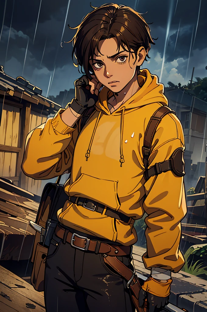 (mejor calidad, Obra maestra), mirando abajo, viento, Partícula, ciudad de fondo, parte superior del cuerpo, 1 boy, ((latin skin)), ((brown hair)), (black eyes), (((mustard hoodie))), (bandages on hands), (scar on lip), ((wet hair)), ((raining)), ((wet)), messy hair, rolled up sleeves, (goggles on head), leather gloves, ((baggy eyes)), welder tools, belt, dark circles under the eyes, black jeans