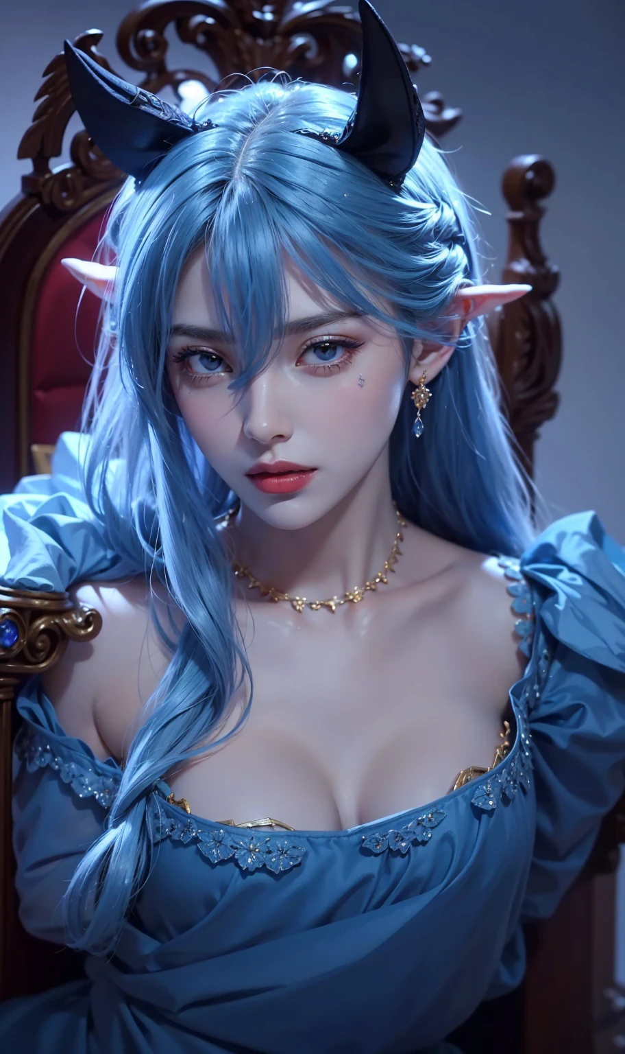 RAW, professional photograph, medium shot, photorealistic, hyper-realistic, ray tracing, super detail, UHD, 8k, female elf, twenty years old, goddess, gold jewelry, athletic body, soft facial features, braided hair, long hair, light blue hair, blue eyes, gothic style, dark dungeon, gothic architecture